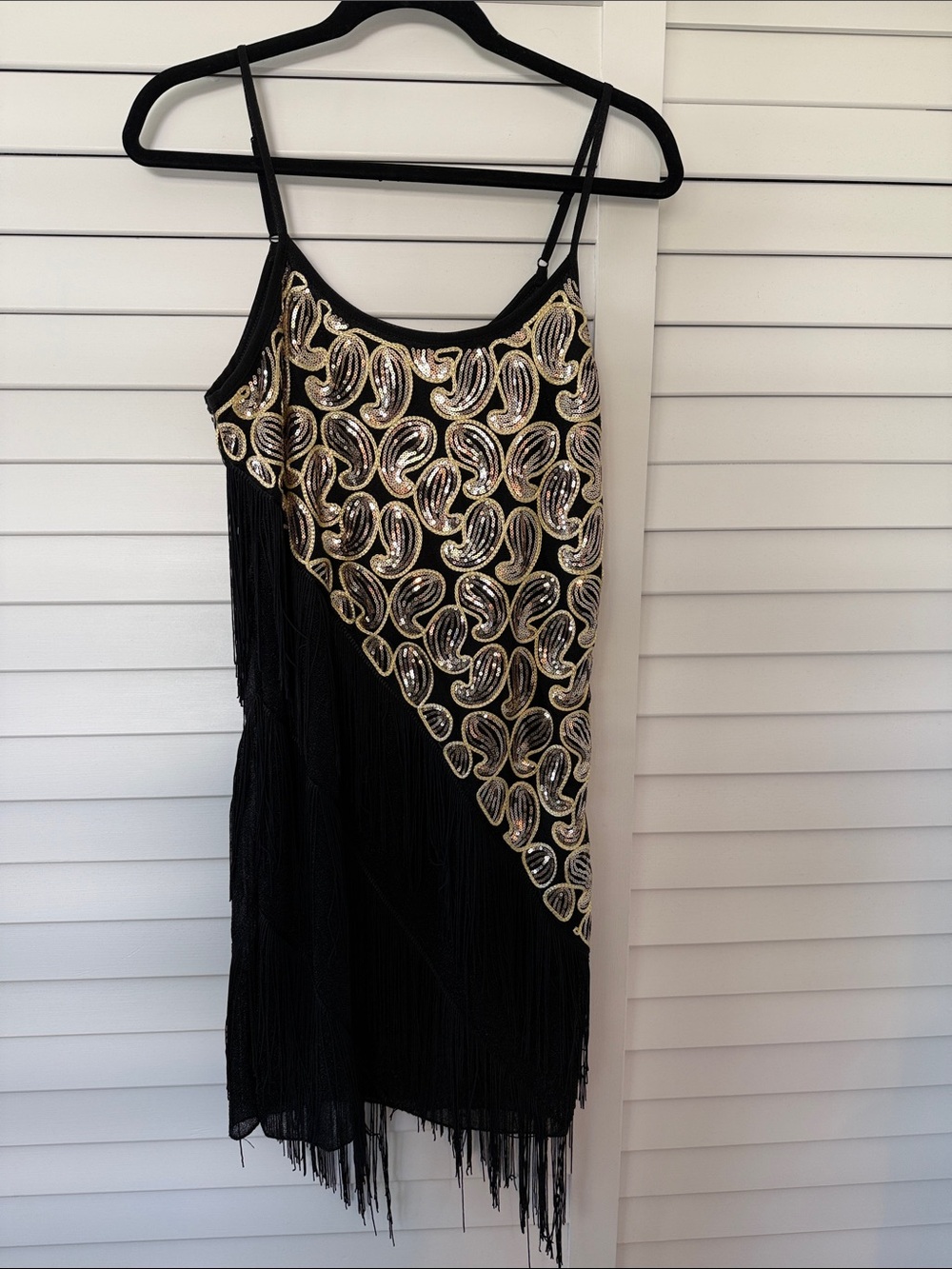 Roaring 20s Black Fringe Sequin Slip Dress with Gold Embellishment